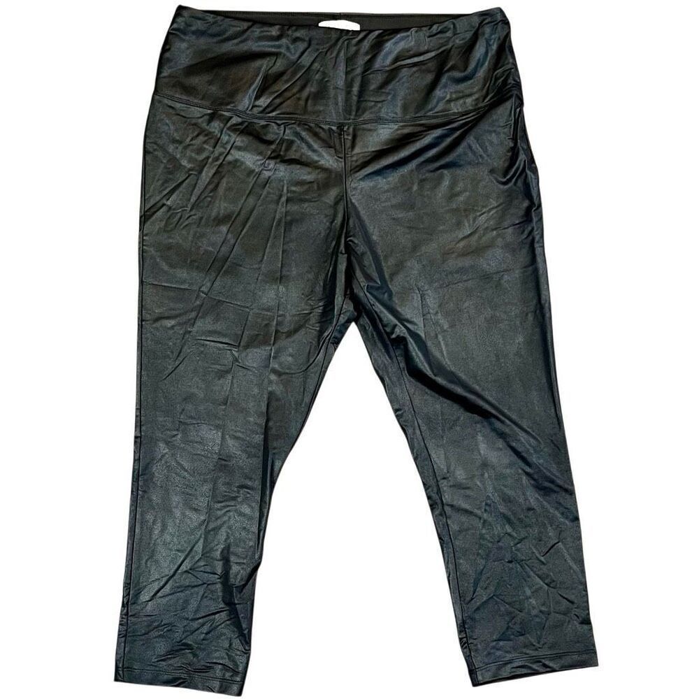 Rachel Zoe Tummy Control Black Faux Leather High Waisted Cropped Leggings 2X